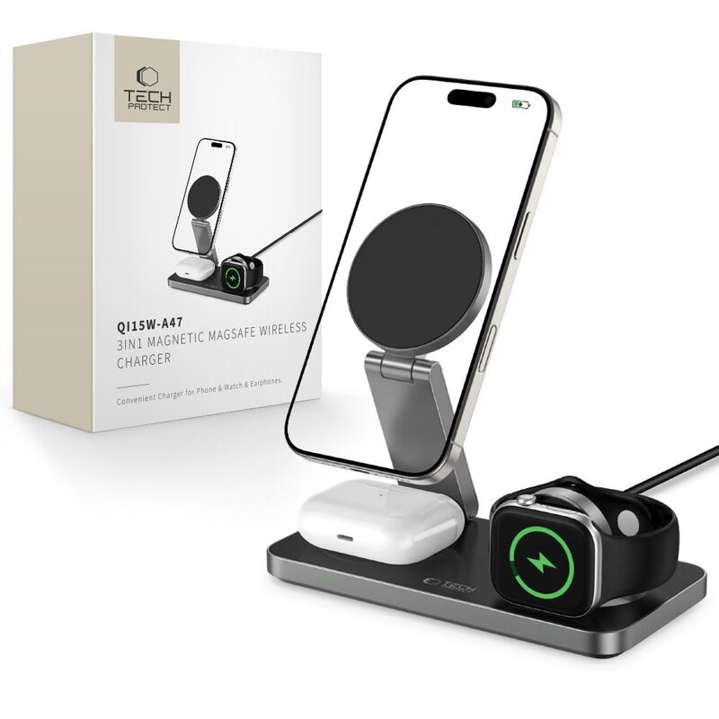 Ładowarka indukcyjna TECH-PROTECT QI15W-A47 3w1  Czarny Qi MagSafe