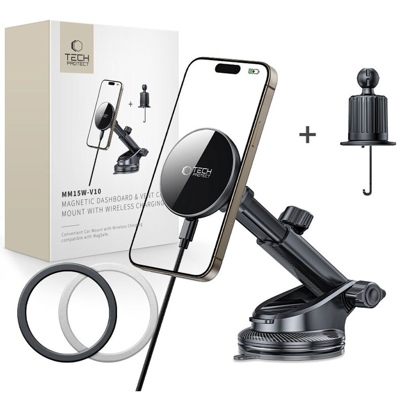 Uchwyt na telefon i smartfon TECH-PROTECT MM15W-V10 MagSafe Dashboard & Vent Charger 15W Czarny uchwyt samochodowy na szybę, kratkę nawiewu i deskę rozdzielczą