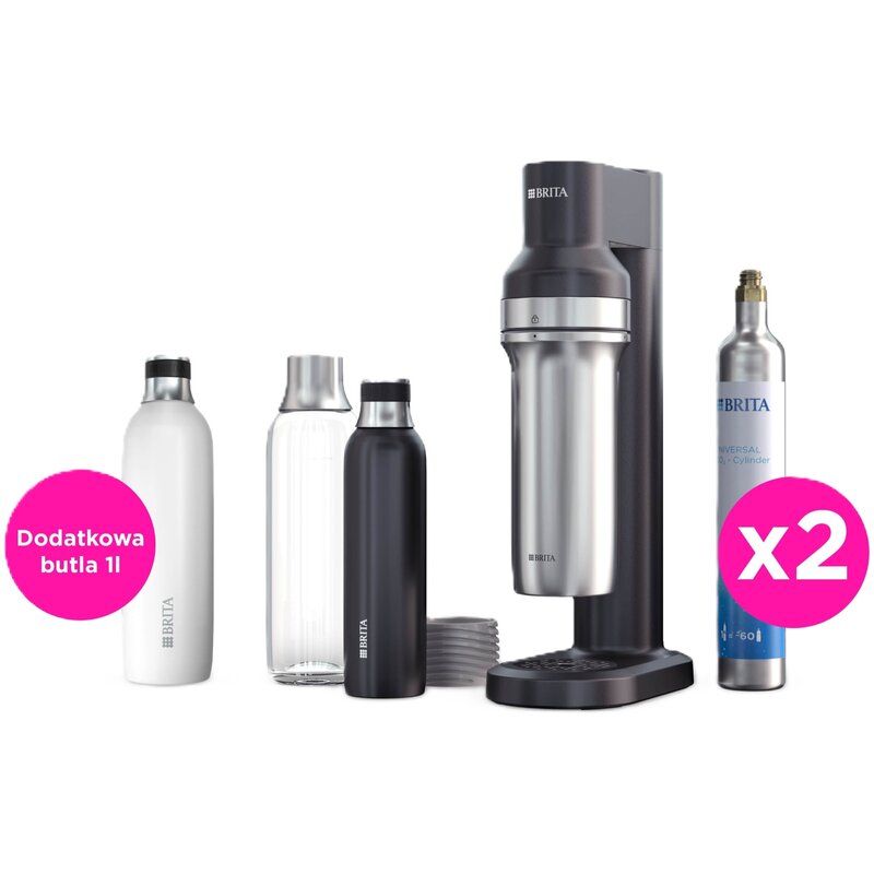 Saturator BRITA SodaTrio Czarny z dwoma nabojami + dodatkowa butelka 1L