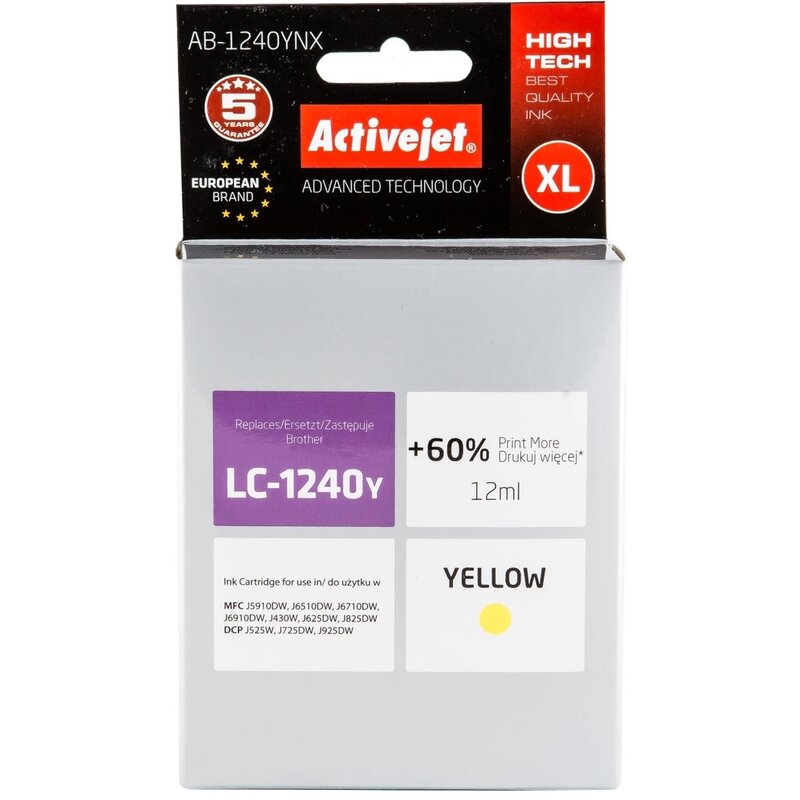Activejet AB-1240YNX Tusz do drukarki Brother, Zamiennik Brother LC1240Y/1220Y;  Supreme;  12 ml;  żółty. Drukuje więcej o 60%.