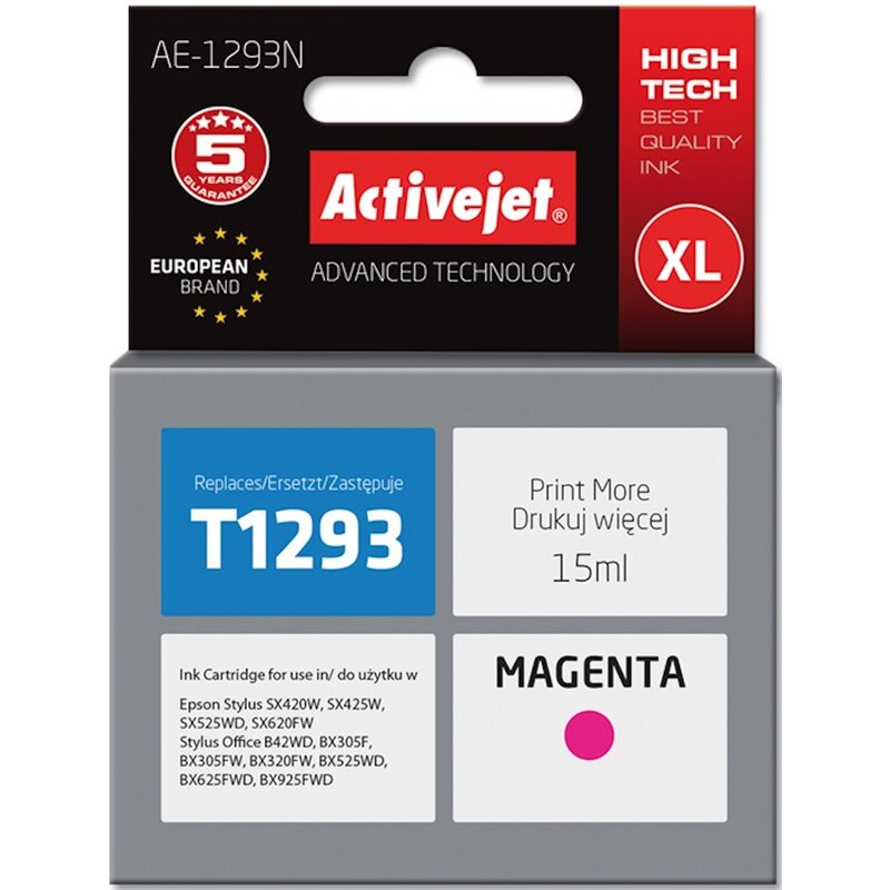 Activejet AE-1293N Tusz do drukarki Epson, Zamiennik Epson T1293; Supreme; 15 ml; purpurowy.