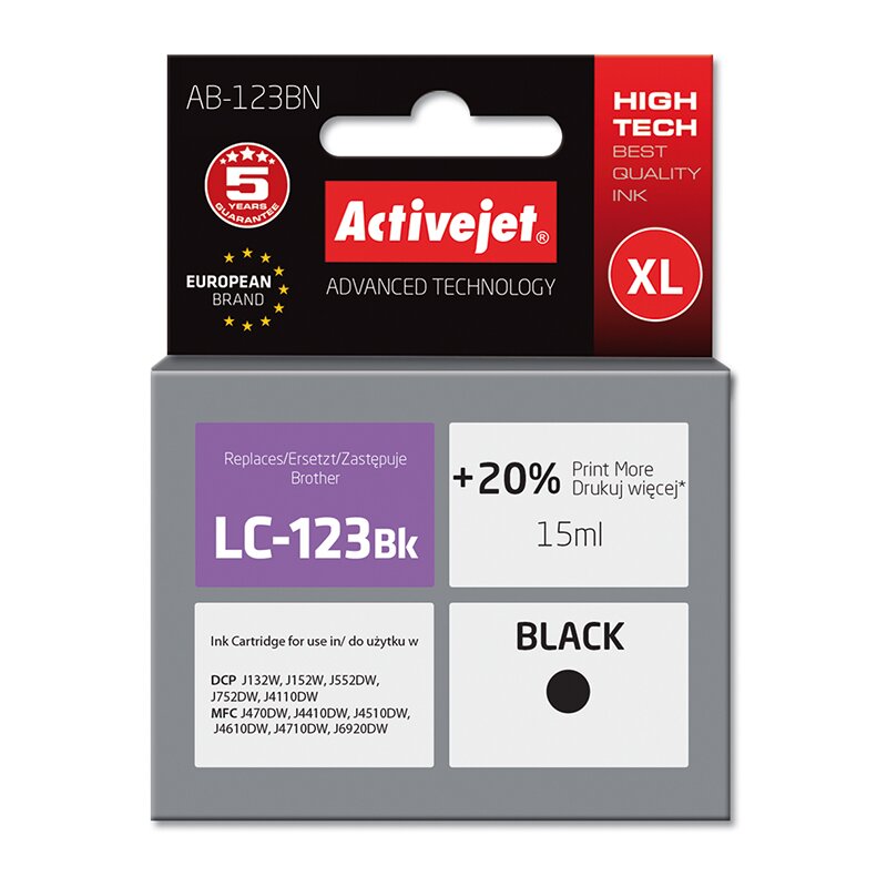 Tusz ACTIVEJET do Brother LC-123BK / LC-121BK Czarny 15 ml AB-123BN