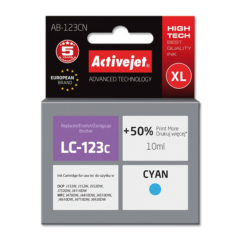 Activejet AB-123CN Tusz do drukarki Brother, Zamiennik Brother LC123C/121C; Supreme; 10 ml; błękitny. Drukuje więcej o 50%.