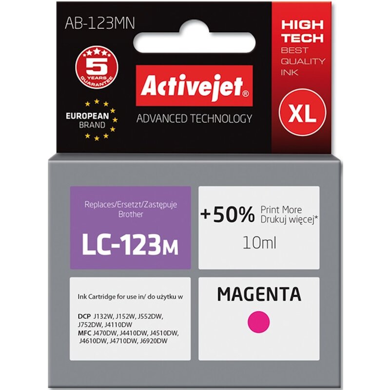 Activejet AB-123MN Tusz do drukarki Brother, Zamiennik Brother LC123M/121M; Supreme; 10 ml; purpurowy. Drukuje więcej o 50%.