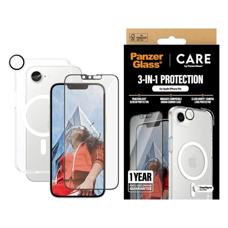 Etui PANZERGLASS Care Flagship 3w1 do Apple iPhone 16e/17e Przezroczysty + szkło ochronne + osłona obiektywu