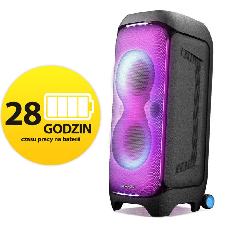Power Audio BLAUPUNKT PB100X, 500W, Bluetooth, Bateria 28 godzin, Tuner FM, Tryb EXTREME BASS, USB C, Dedykowana aplikacja