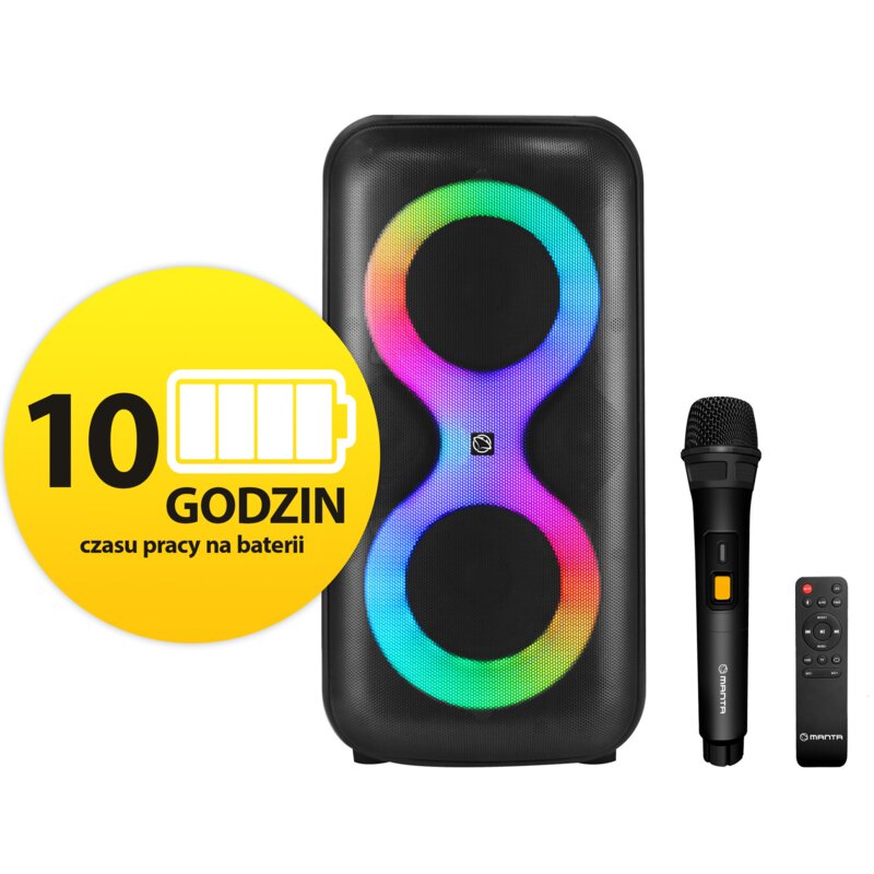 Power Audio MANTA SPK041B100 ERIS, 100W, Bluetooth, Bateria 10 godzin, Bezprzewodowy mikrofon w zestawie, Tryb X-BASS