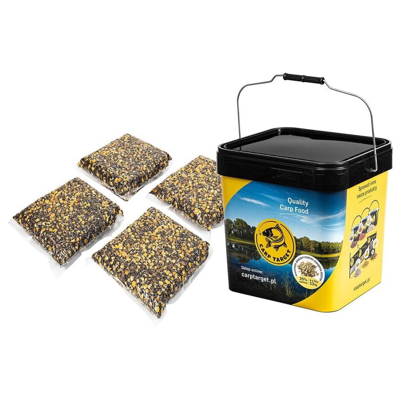 Zanęta CARP TARGET Mix ziaren Orzech Tygrysi Konopia Rzepik (12 kg) + Wiadro 17 l