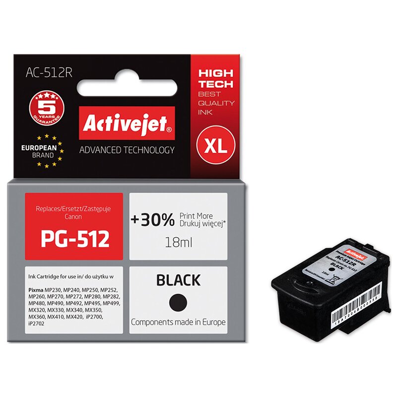 Activejet AC-512R Tusz do drukarki Canon, Zamiennik Canon PG-512; Premium; 18 ml; czarny. Drukuje więcej o 30%.