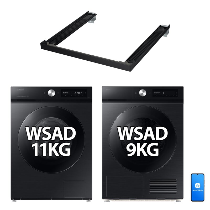 Pralka SAMSUNG BESPOKE AI WW11DB7B94GB EcoBubble 11kg 1400 obr Autodozowanie StayClean + Suszarka SAMSUNG BESPOKE AI DV90DB7845GB z pompą ciepła + Łącznik SAMSUNG SKK-SSV Czarny