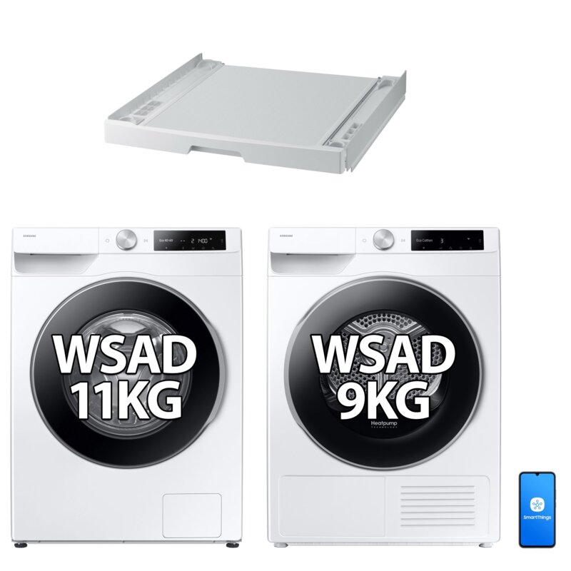Pralka SAMSUNG WW11DG6B25LEU4 AI Energy EcoBubble A SpaceMax 11kg 1400 obr + Suszarka SAMSUNG AI DV90DG6845LEU4 z pompą ciepła + Łącznik SAMSUNG SKK-UDW