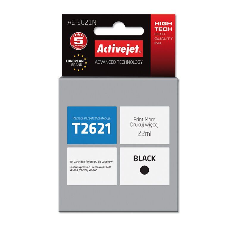 Activejet AE-2621N Tusz do drukarki Epson, Zamiennik Epson 26 T2621; Supreme; 22 ml; czarny.