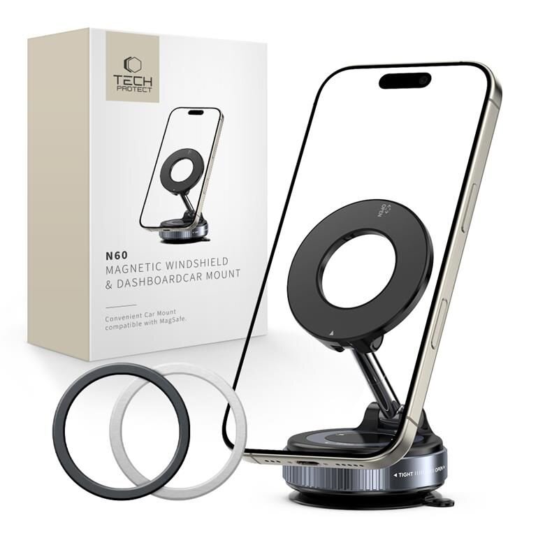 Uchwyt na telefon i smartfon TECH-PROTECT N60 MagSafe Windshield & Dashboard Czarny uchwyt samochodowy na szybę i deskę rozdzielczą