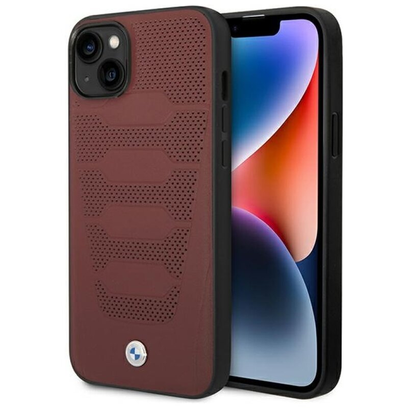 Etui BMW Leather Seats Pattern do Apple iPhone 14 Burgundowy
