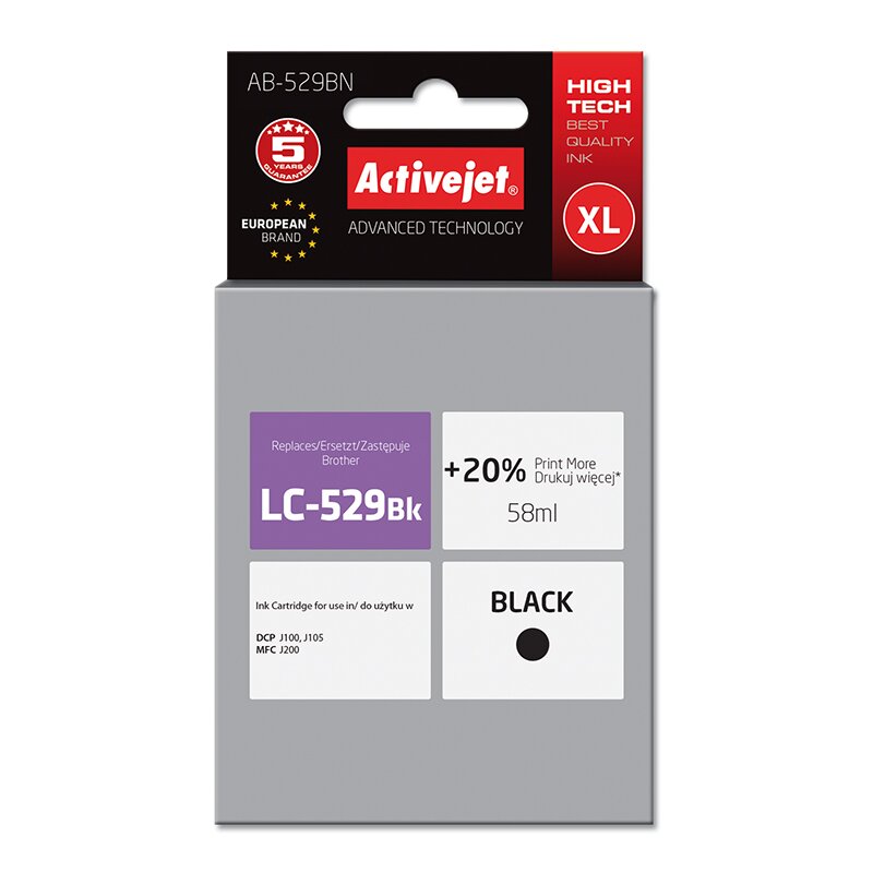 Activejet AB-529BN Tusz do drukarki Brother, Zamiennik Brother LC529BK; Supreme; 58 ml; czarny. Drukuje więcej o 20%.