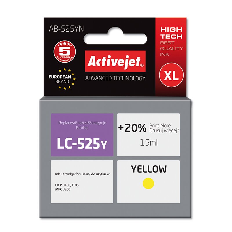 Activejet AB-525YN Tusz do drukarki Brother, Zamiennik Brother LC525Y; Supreme; 15 ml; żółty. Drukuje więcej o 20%.