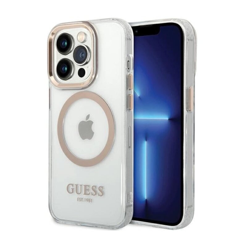 Etui GUESS Metal Outline MagSafe do Apple iPhone 15 Pro Przezroczysto-złoty