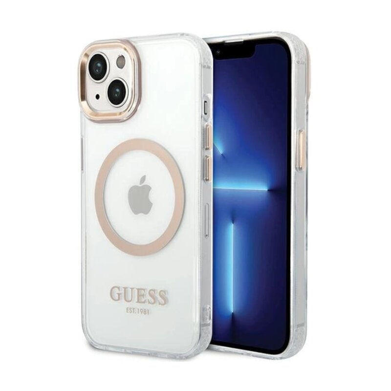 Etui GUESS Metal Outline MagSafe do Apple iPhone 15 Plus/14 Plus Przezroczysto-złoty