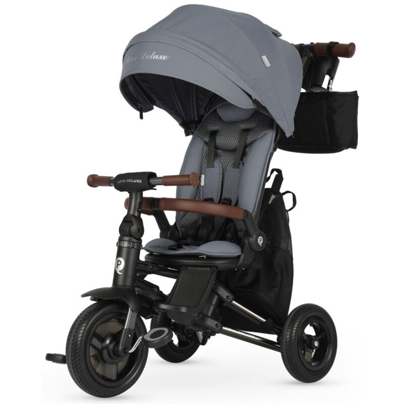 Trójkołowiec QPLAY Nova Deluxe Siedzisko 360°, Aluminiowa rama, Wolne koło, Opony gumowe Szary