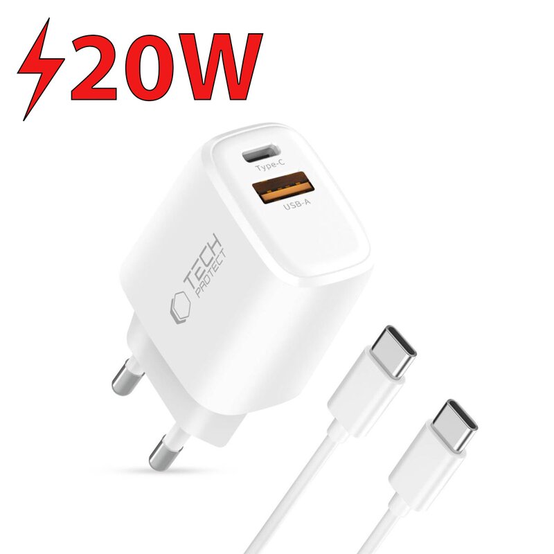 Ładowarka sieciowa TECH-PROTECT NCA20 20W Biały ładowarka do telefonu USB, USB-C + kabel