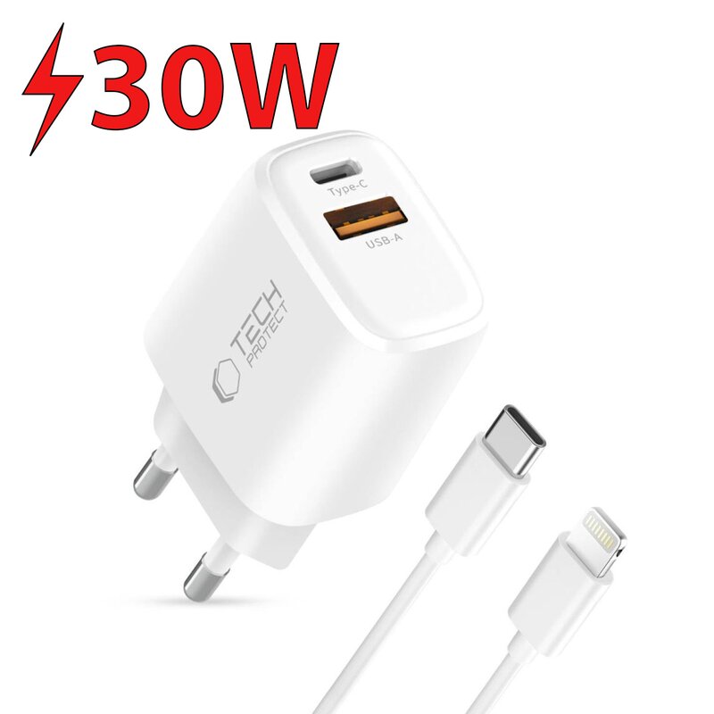 Ładowarka sieciowa TECH-PROTECT NCA30 PD 30W/QC3.0 + Kabel Lightning Biały