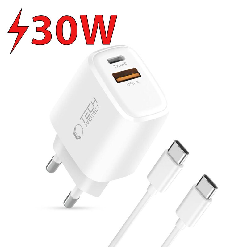 Ładowarka sieciowa TECH-PROTECT NCA30 30W Biały ładowarka do telefonu USB, USB-C + kabel