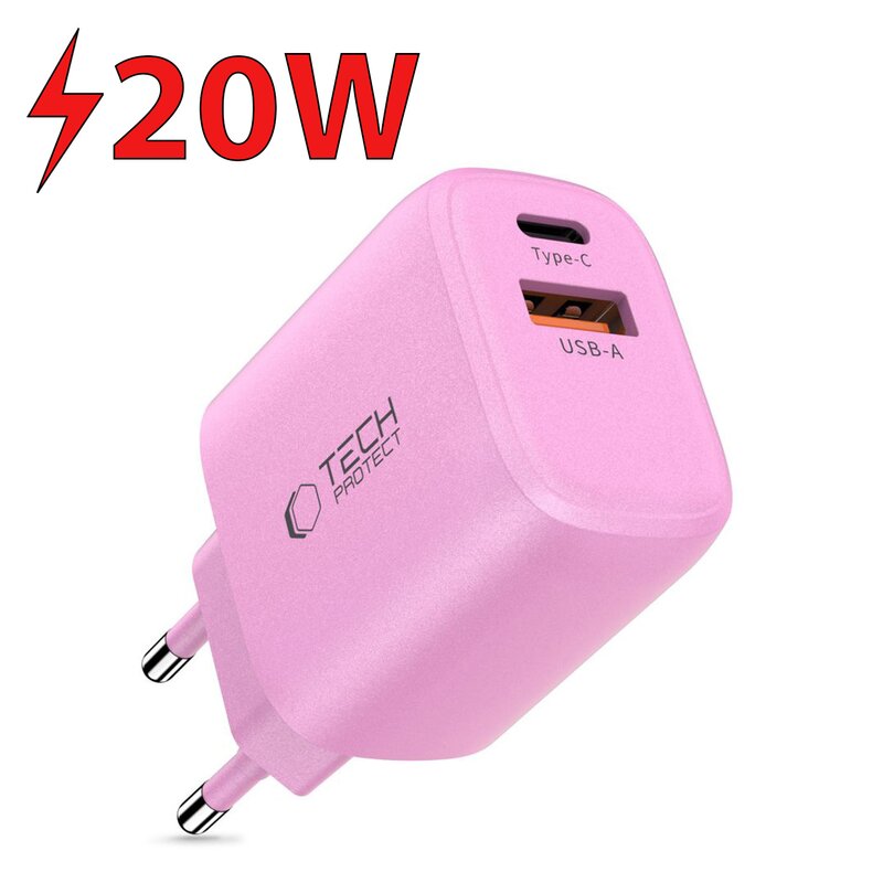 Ładowarka sieciowa TECH-PROTECT NCA20 20W Różowy ładowarka do telefonu USB, USB-C