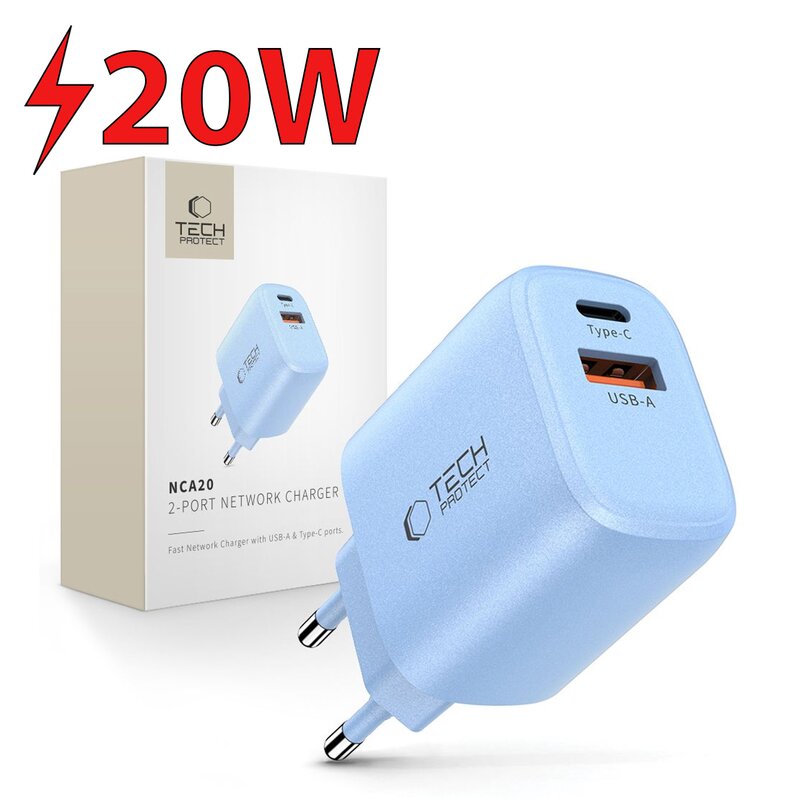 Ładowarka sieciowa TECH-PROTECT NCA20 20W Jasnoniebieski ładowarka do telefonu USB, USB-C