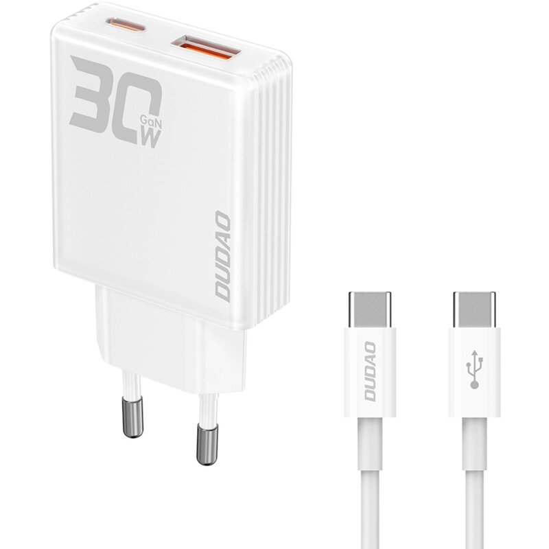 Ładowarka sieciowa DUDAO A30EUT 30W GaN USB-A / USB-C + Kabel USB-C Biały
