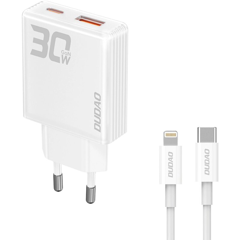 Ładowarka sieciowa DUDAO A30EUL 30W GaN USB-A / USB-C + Kabel USB-C - Lightning Biały
