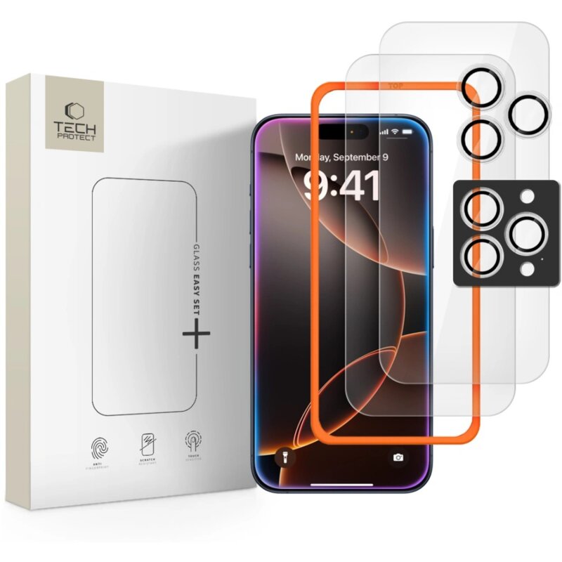 Szkło hartowane TECH-PROTECT Easy Set+ do Apple iPhone 16 Pro/17 Pro (2 szt.) + nakładka na obiektyw
