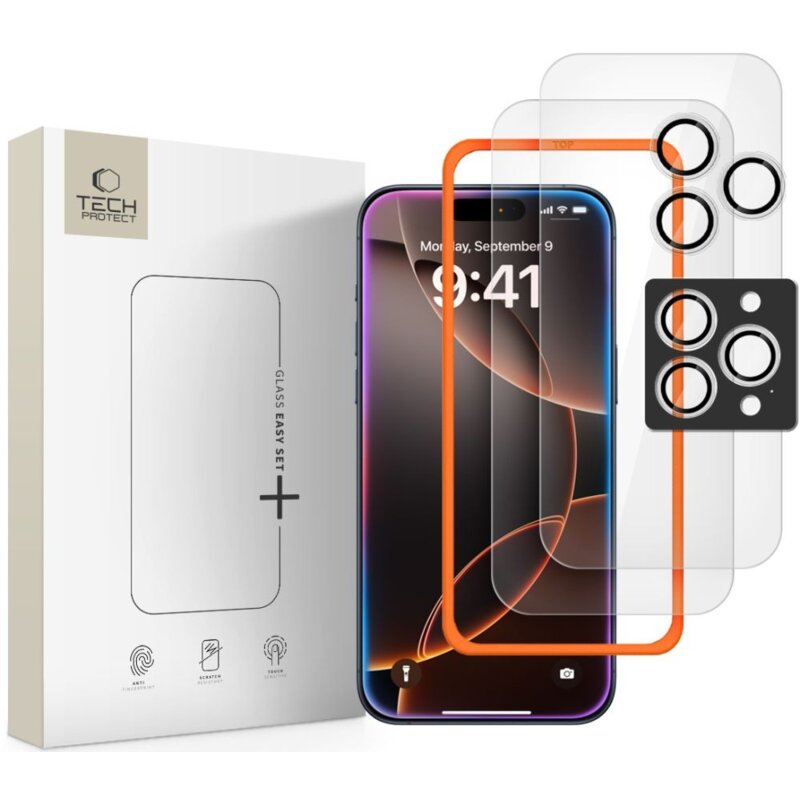 Szkło hartowane TECH-PROTECT Easy Set+ 3-pack do Apple iPhone 16 Pro Max/17 Pro Max Przezroczysty