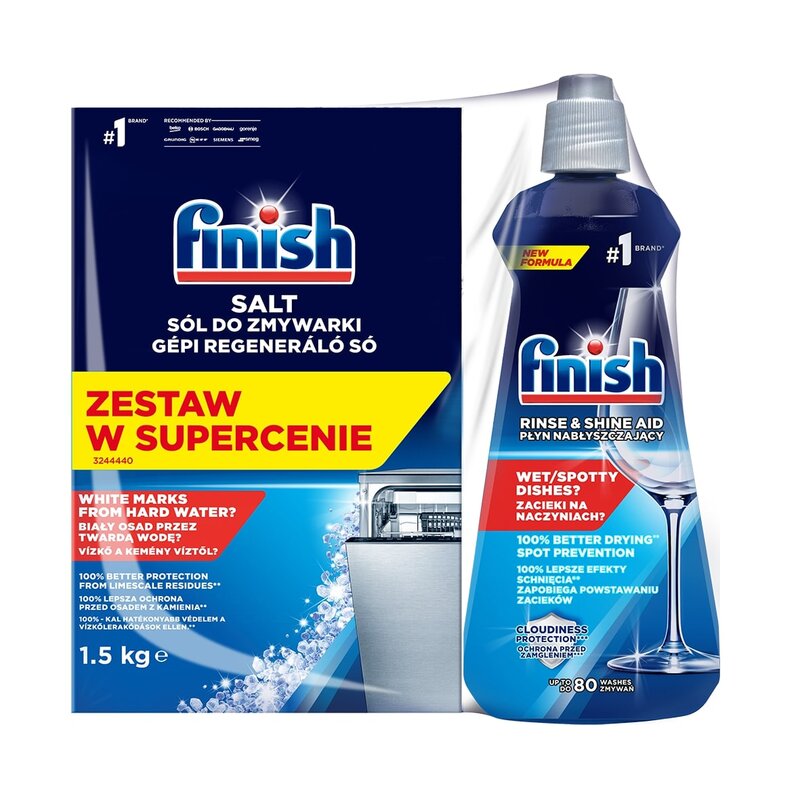 Sól do zmywarek FINISH 1.5 kg + Nabłyszczacz do zmywarek FINISH Rinse & Shine Aid 400 ml