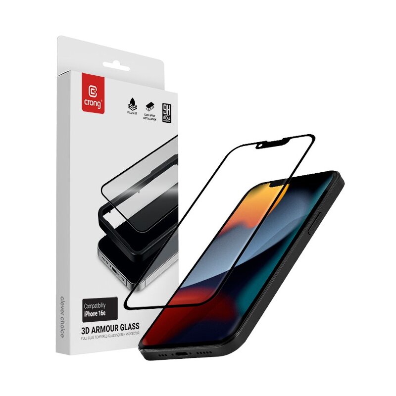 Szkło hartowane CRONG 3D Armour Glass do Apple iPhone 13/13 Pro/14/16e/17e + ramka instalacyjna