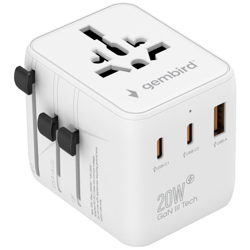 Adapter podróżny GEMBIRD TPA-1A2C20-01-W (Globalny)