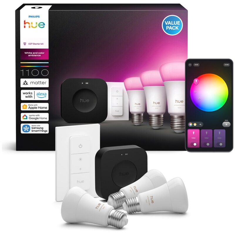 Philips Hue White and Colour Ambiance 3 inteligentne żarówki E27 + Dimmer switch + Bridge Pro