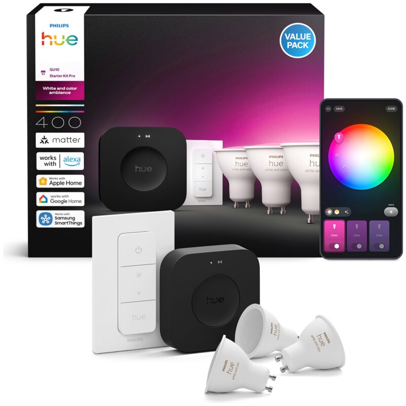 Philips Hue White and Colour Ambiance 3 żarówki GU10 + regulator przyciemniania + Bridge Pro