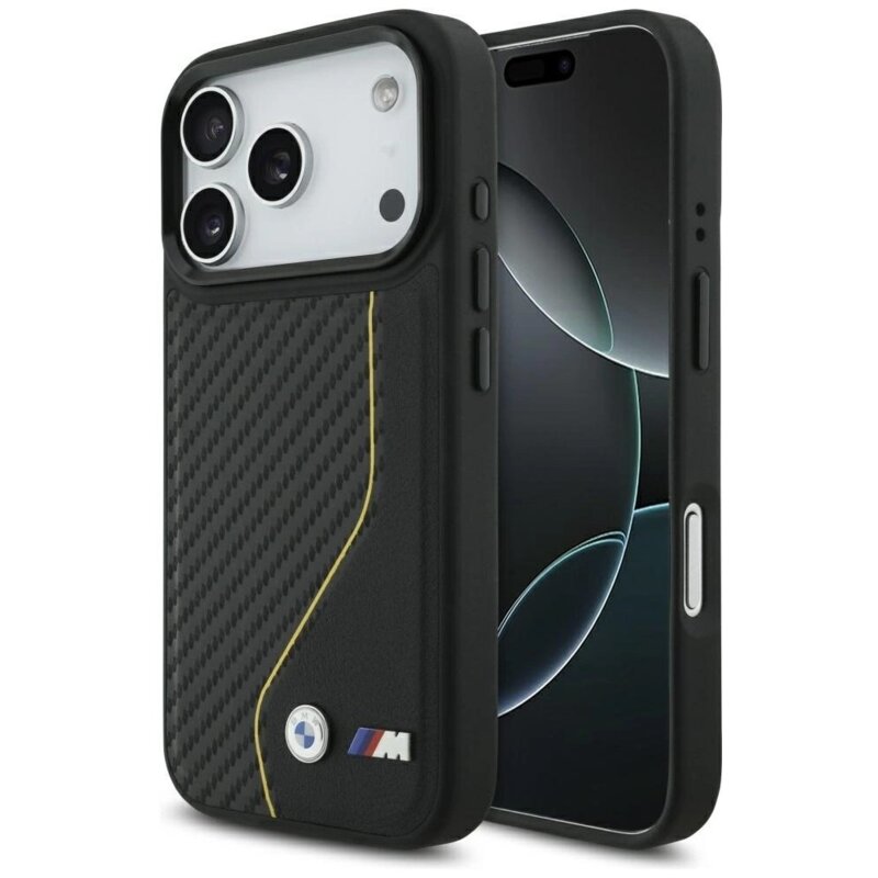 Etui BMW M Carbon Line & Logo MagSafe do Apple iPhone 17 Pro Czarno-żółty