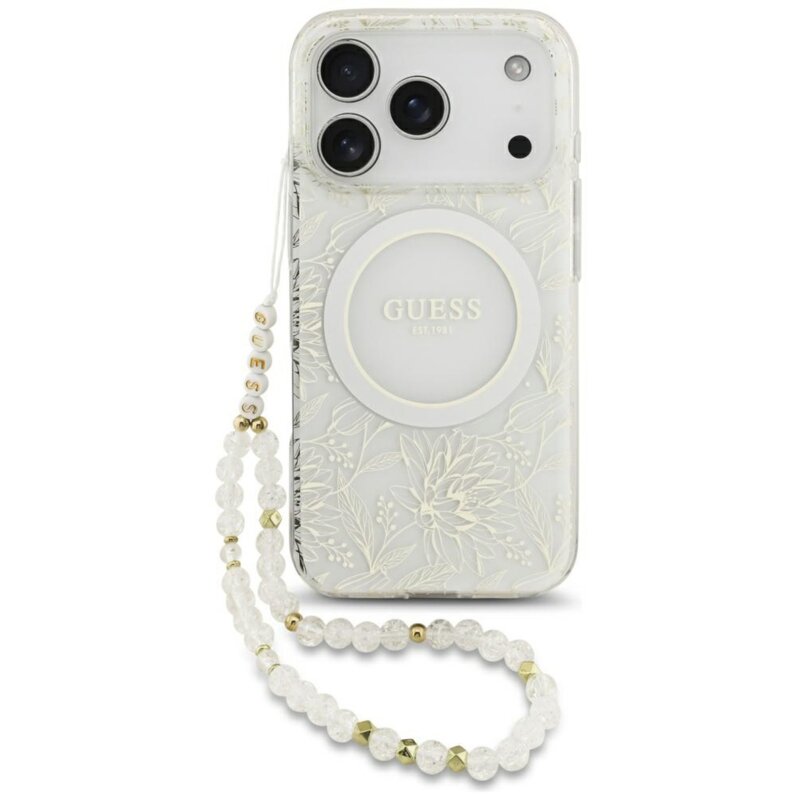 Etui GUESS IML Flowers Electro Pearl Strap MagSafe do Apple iPhone 17 Pro Biały