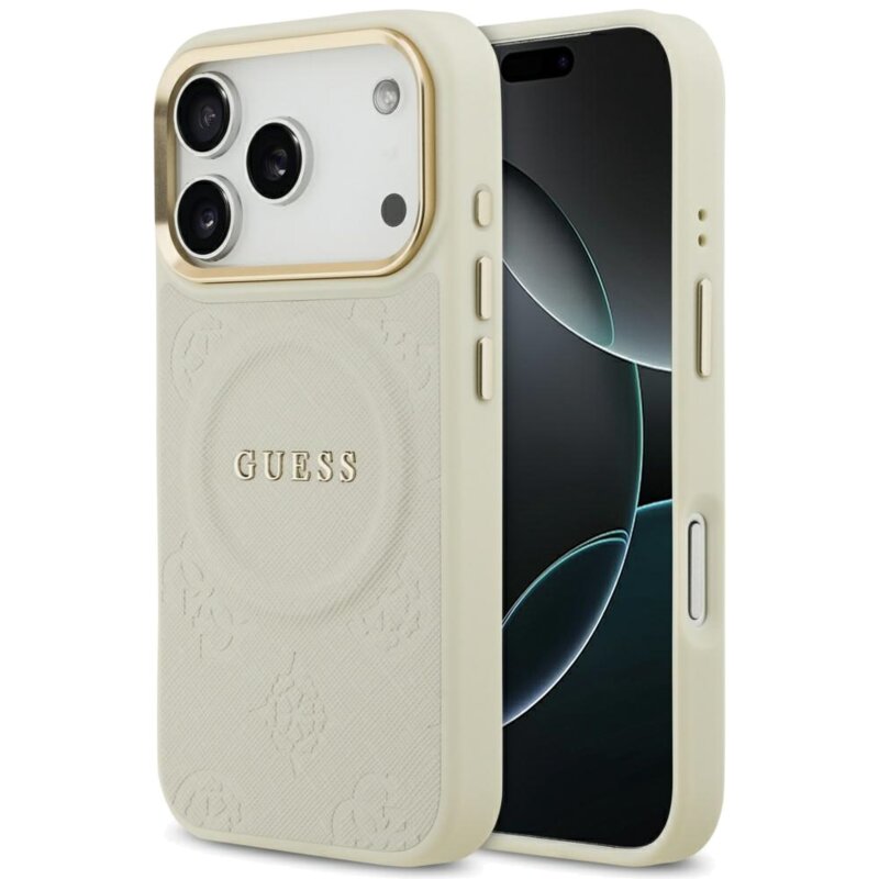Etui GUESS Peony Hot Stamp MagSafe do Apple iPhone 17 Pro Beżowy