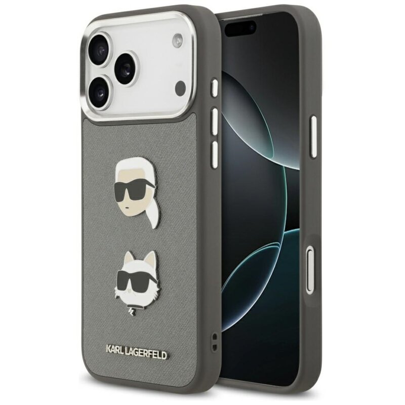 Karl Lagerfeld FW Grained Karl & Choupette Heads Pins & Logo do iPhone 17 Pro Max Szary