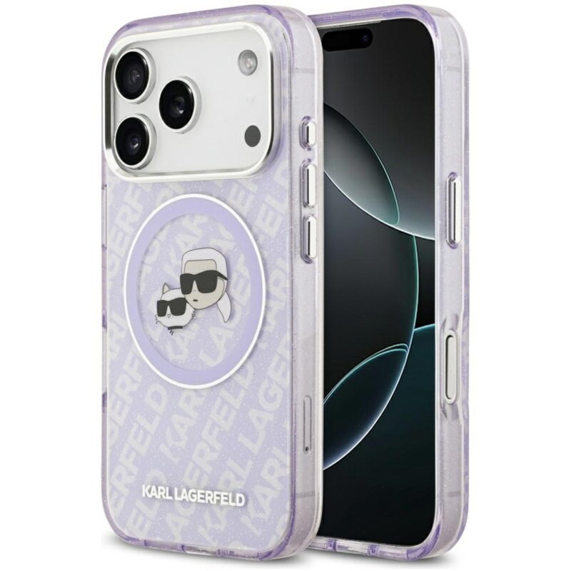 Karl Lagerfeld IML Glitter Karl & Choupette Heads Logo MagSafe do iPhone 17 Pro Max Fioletowy