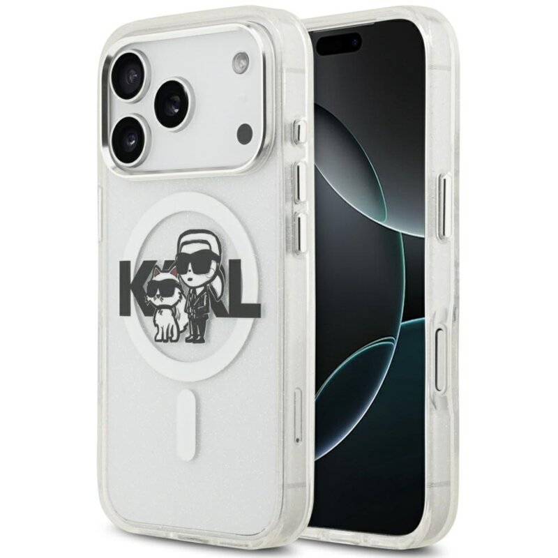 Karl Lagerfeld IML Glitter Karl & Choupette Sketch Logo MagSafe do iPhone 17 Pro Przezroczysty