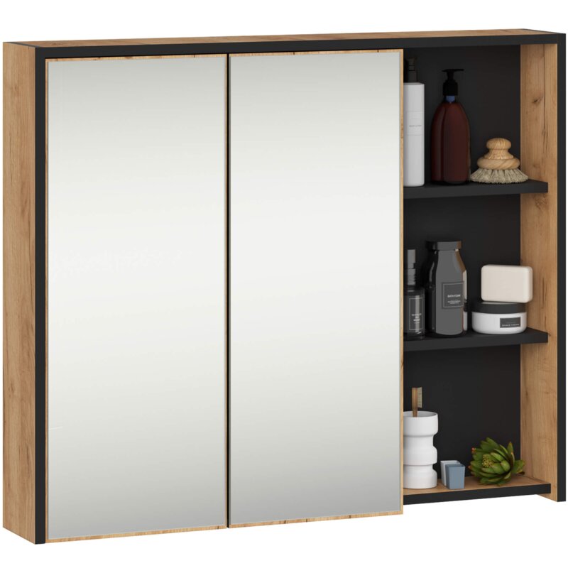 Szafka Åazienkowa wiszÄ ca z lustrem AKORD VAMI DÄ b Craft, Czarny 90 cm 2 drzwi 6 póÅek 90x75x15 cm