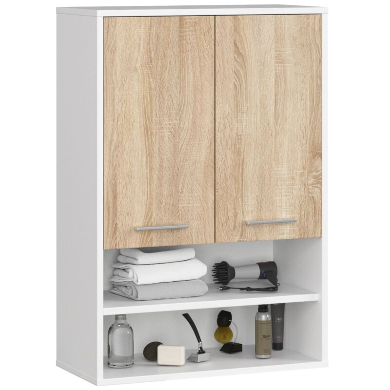 Szafka Åazienkowa wiszÄ ca AKORD FIN BiaÅa, DÄ b Sonoma 64 cm 2 drzwi 4 póÅki 64x30x94 cm