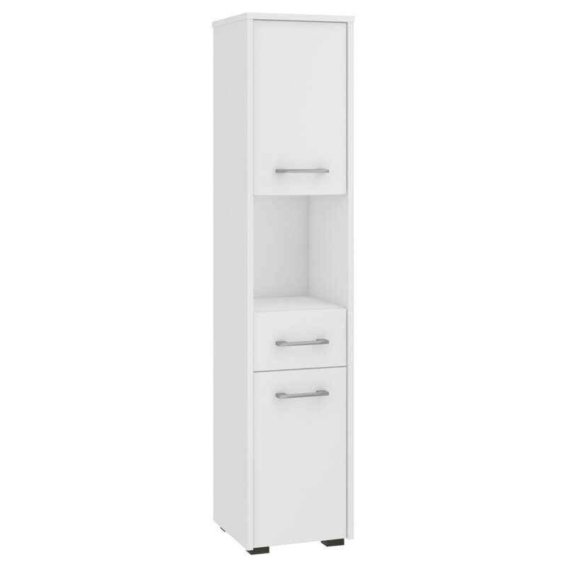 Słupek łazienkowy AKORD FIN Biały 30 cm 2 drzwi 1 szuflada kolor Biały mat 5 półek 30x30x140 cm