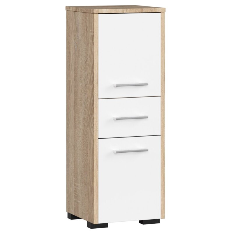 Szafka Åazienkowa AKORD FIN DÄ b Sonoma 30 cm 2 drzwi 1 szuflada kolor BiaÅy mat 3 póÅki 30x30x85 cm