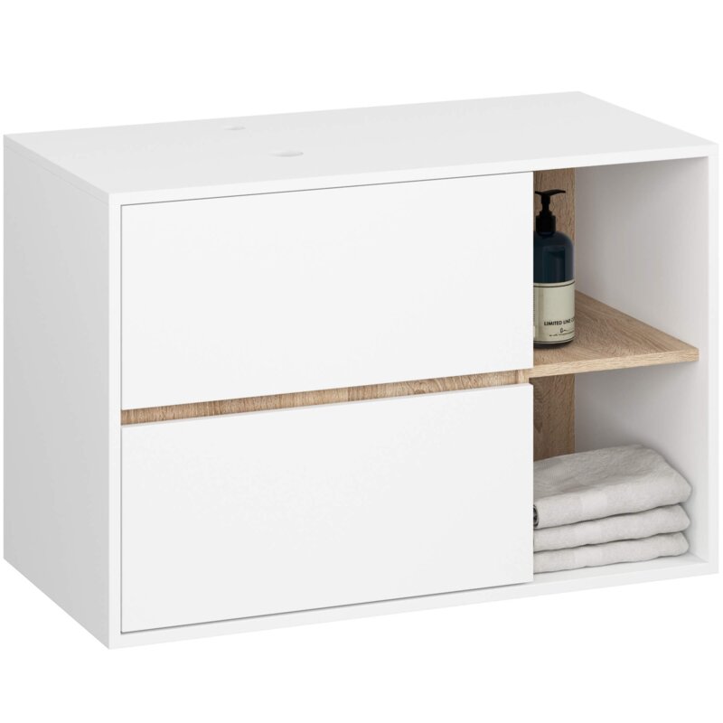 Szafka Åazienkowa pod umywalkÄ z otworami AKORD VAMI BiaÅa, DÄ b Sonoma 90 cm 2 szuflady 2 póÅki 90x60x45,5 cm