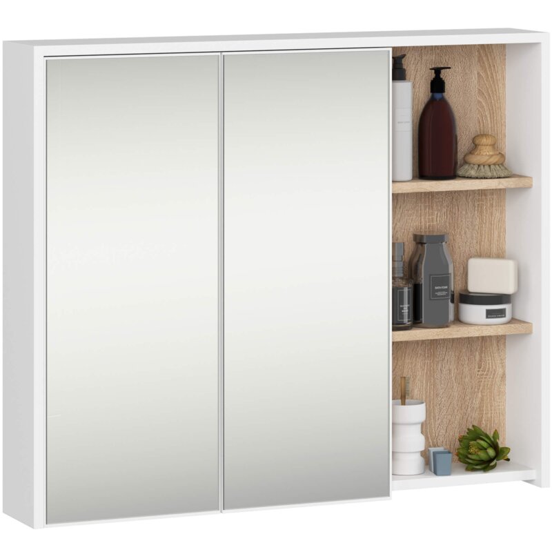 Szafka Åazienkowa wiszÄ ca z lustrem AKORD VAMI BiaÅa, DÄ b Sonoma 90 cm 2 drzwi 6 póÅek 90x75x15 cm