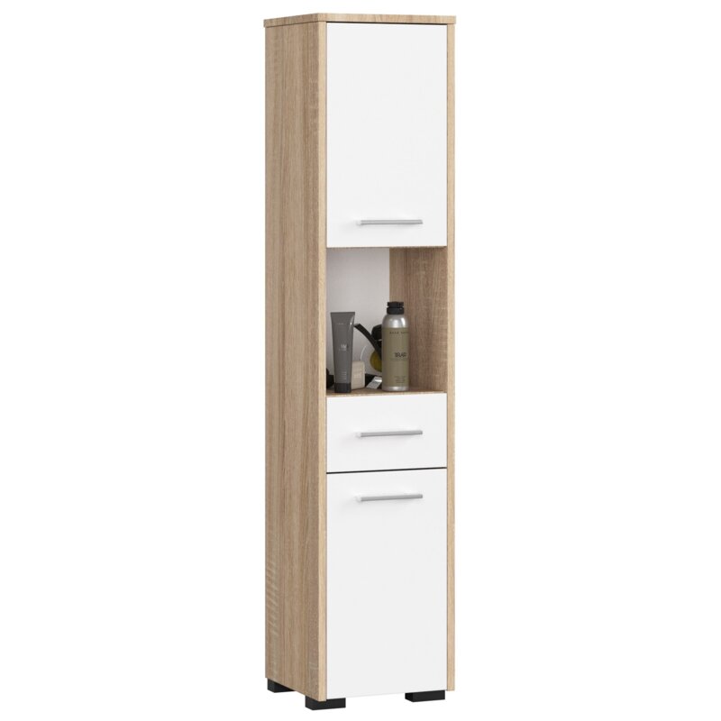 SÅupek Åazienkowy AKORD FIN DÄ b Sonoma 30 cm 2 drzwi 1 szuflada kolor BiaÅy mat 5 póÅek 30x30x140 cm